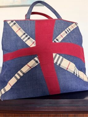 Burberry Blue Denim Duffel with Red Cross and Signature Check Trim